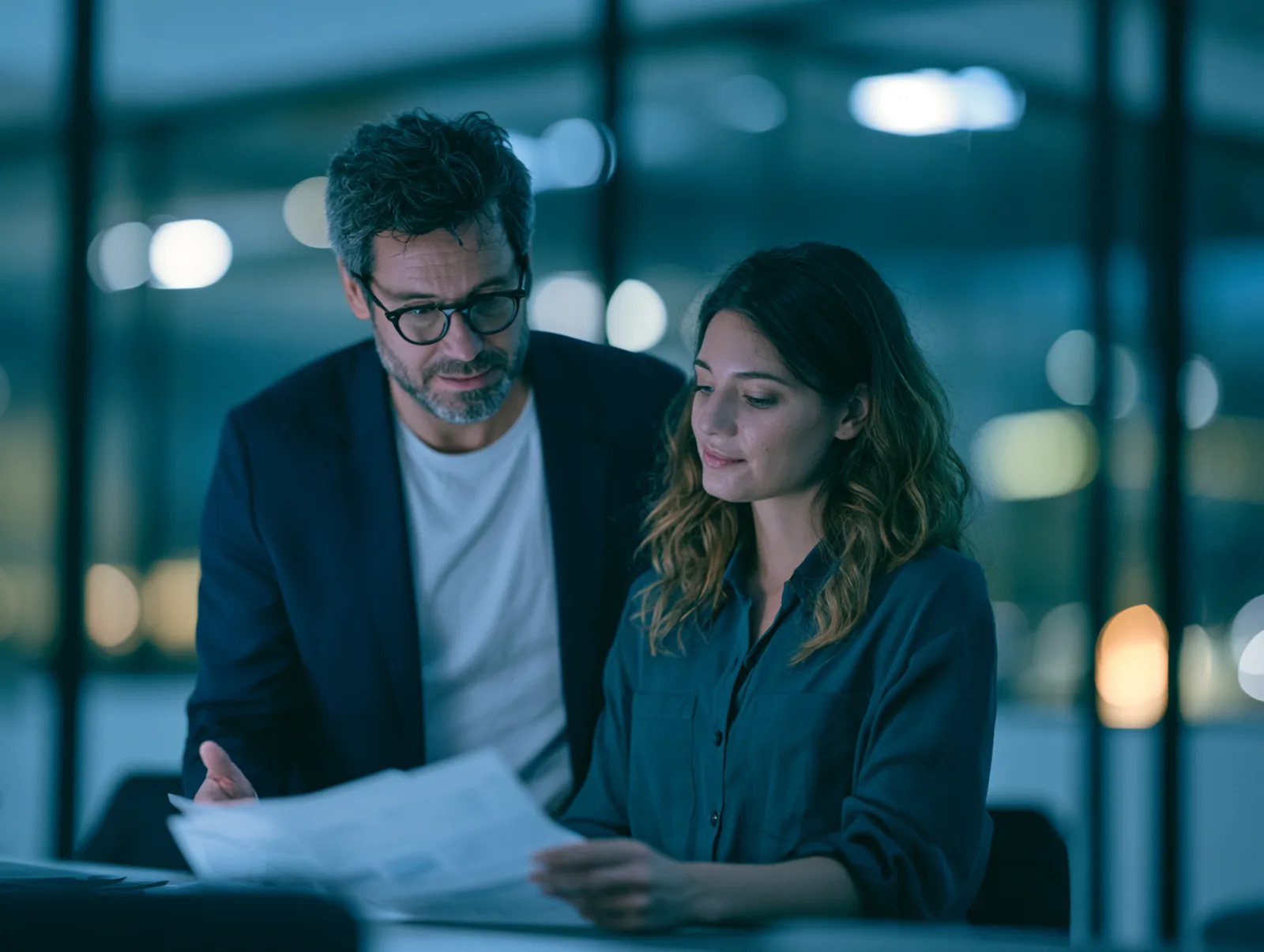 Two colleagues reviewing information together