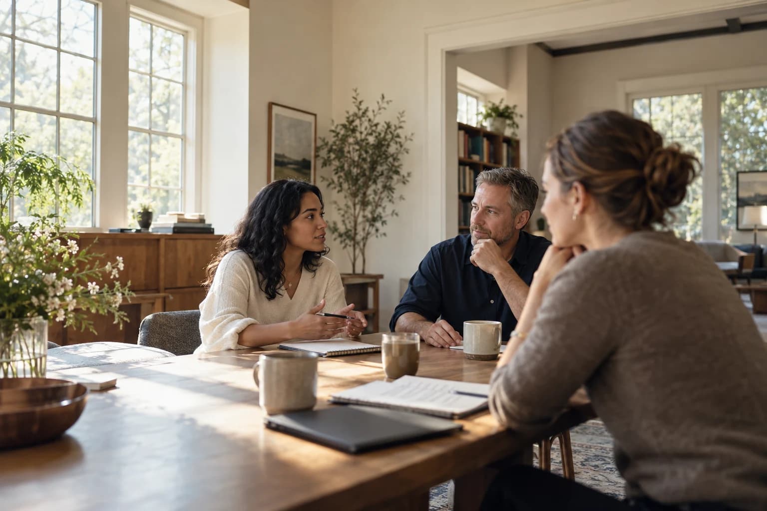 An illustrative scene of three colleagues listening and sharing ideas around a table